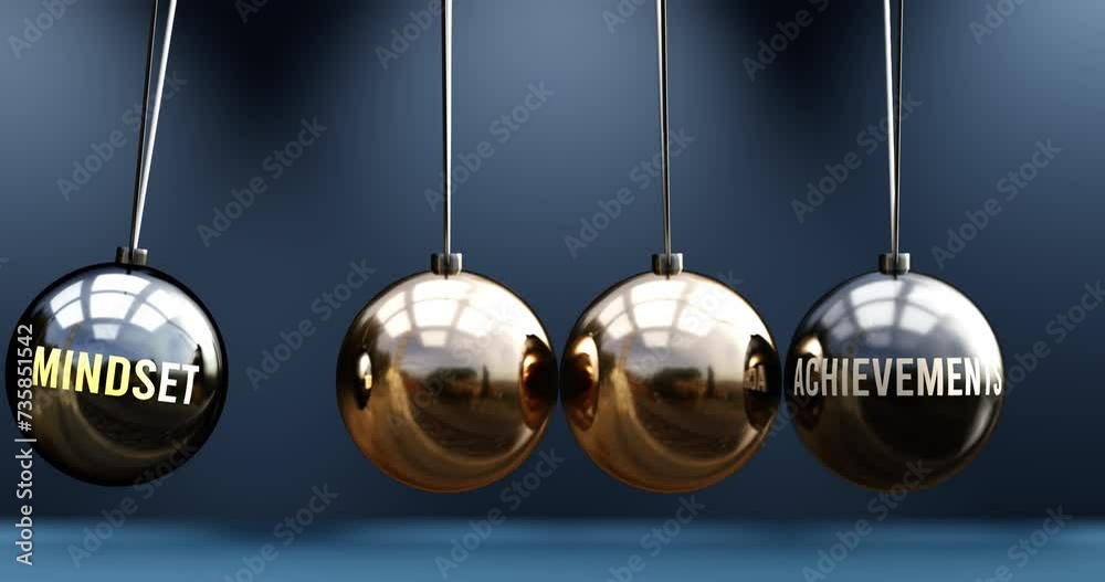 Mindset leads to achievements. A Newton cradle metaphor in which mindset gives power to set achievements in motion. Cause and effect relation between mindset and achievements. Can be looped Mindset leads to achievements. A Newton cradle metaphor in which mindset gives power to set achievements in motion. Cause and effect relation between mindset and achievements. Can be looped