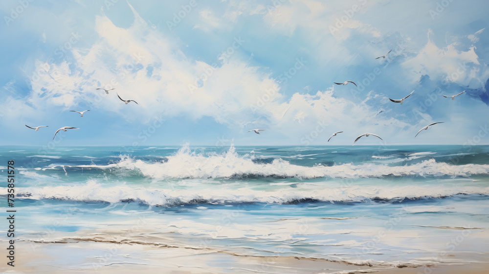 A painting of waves crashing on a beach with birds.