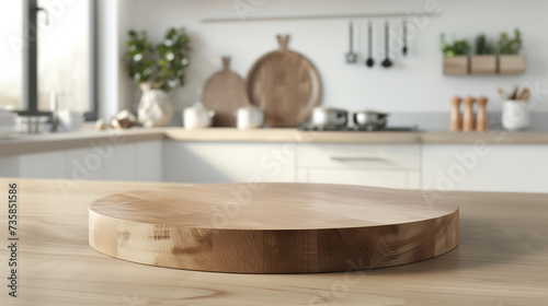 Empty beautiful round wood tabletop counter on interior in clean and bright kitchen background  Ready for display  Banner  for product montage