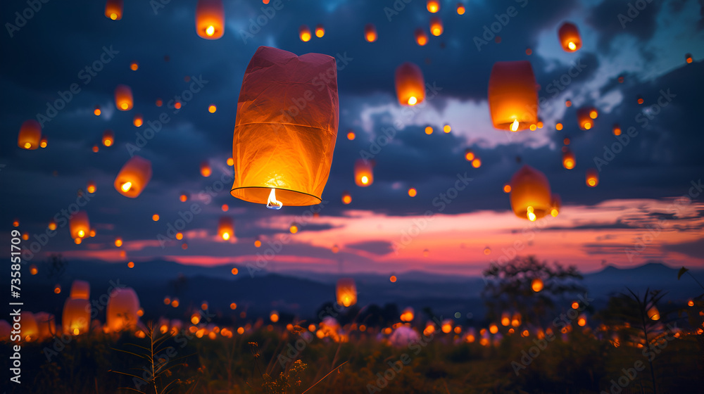 Flying Chinese Lanterns, Floating lantern festival, Sky Lantern Festival, balloon fire Sky
