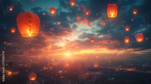 Flying Chinese Lanterns, Floating lantern festival, Sky Lantern Festival, balloon fire Sky lantern flying lanterns, hot-air balloons Lantern flies up highly in the sky, Generative Ai