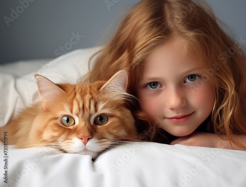 Child and Cat Sharing a Tender Moment Under Covers