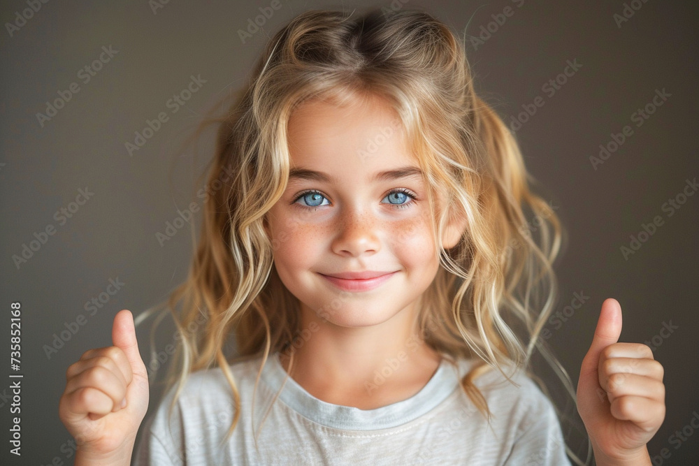 Smiling Young Girl With Blue Eyes Raising Hand in a Bright Indoor Setting Smiling Young Girl With Blue Eyes Raising Hand in a Bright Indoor Setting