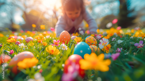 cute little girl playing egg hunt on Easter. Child sitting on the grass gathering colorful eggs