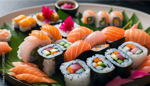 Exquisite sushi platter on a vibrant dining table