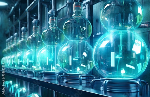 Scientific Laboratory Glassware with Glowing Blue