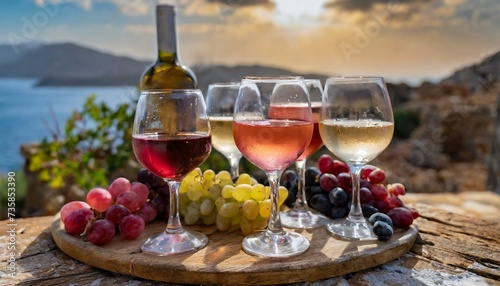 Selective focus on a selection of red, rosé and white wines during a wine tasting photo