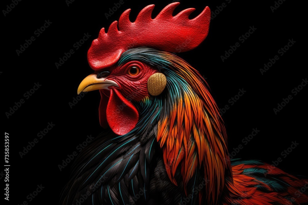 Beautiful rooster with bright plumage isolated on a black background