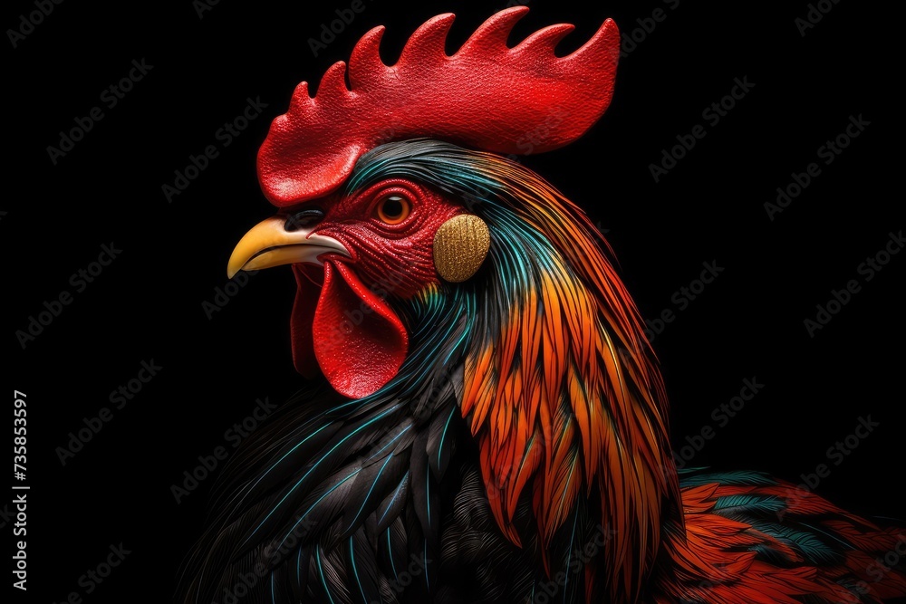 Beautiful rooster with bright plumage isolated on a black background Beautiful rooster with bright plumage isolated on a black background