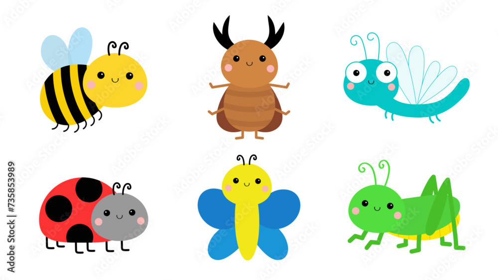 Naklejka premium Bee, bumblebee, grasshopper, dragonfly, ladybug ladybird, butterfly, lady bug. Insect set. Cute cartoon funny kawaii baby animal. Childish style. Flat design. White background.