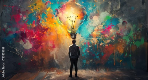 Man looking at a colorful lightbulb against an abstract painting background. The concept of creativity and ideas. photo