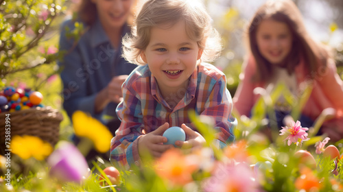 family playing egg hunt on Easter. Child sitting on the grass gathering colorful eggs.