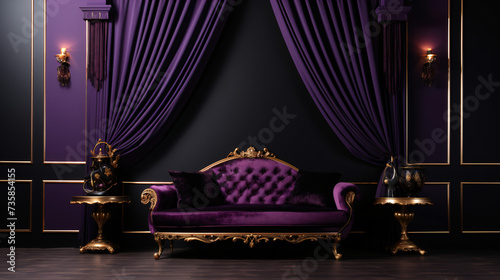 A room with a purple curtain and a black wall.