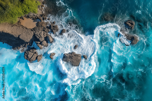 Aerial view top of the sea big wave abstract nature tropical island background.