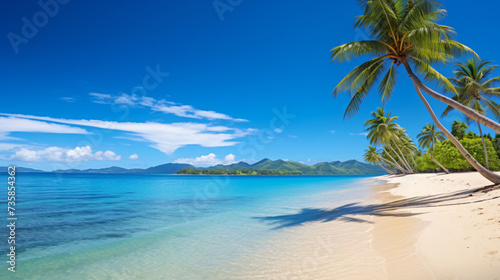 A sandy beach with palm trees and clear blue water.