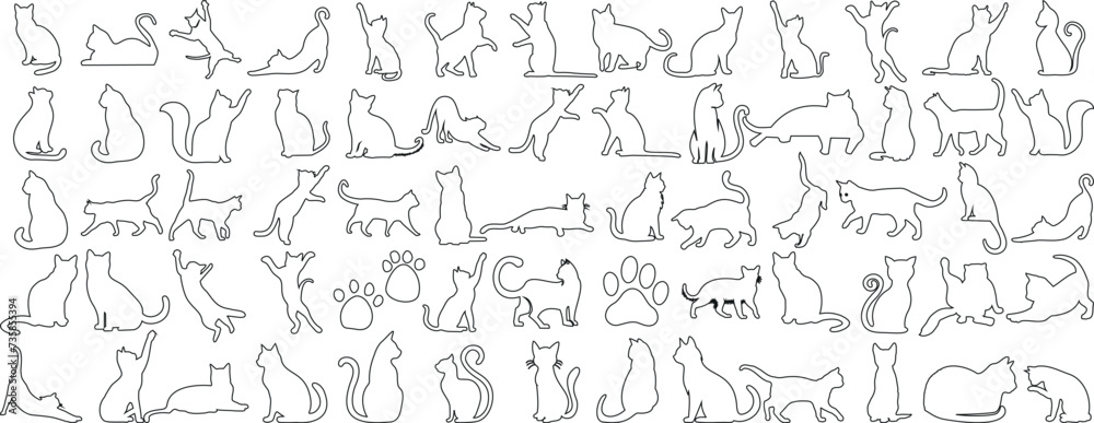 cat outline in various playful poses. Perfect for fabric, wallpaper, wrapping paper. Elegant, modern design for cat lovers - obrazy, fototapety, plakaty 