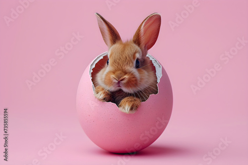 Cute little bunny or rabbit sitting on the egg shell isolated on pastel pink background. Easter holiday concept. Creative minimal concept for design greeting card, banner, poster with copy space