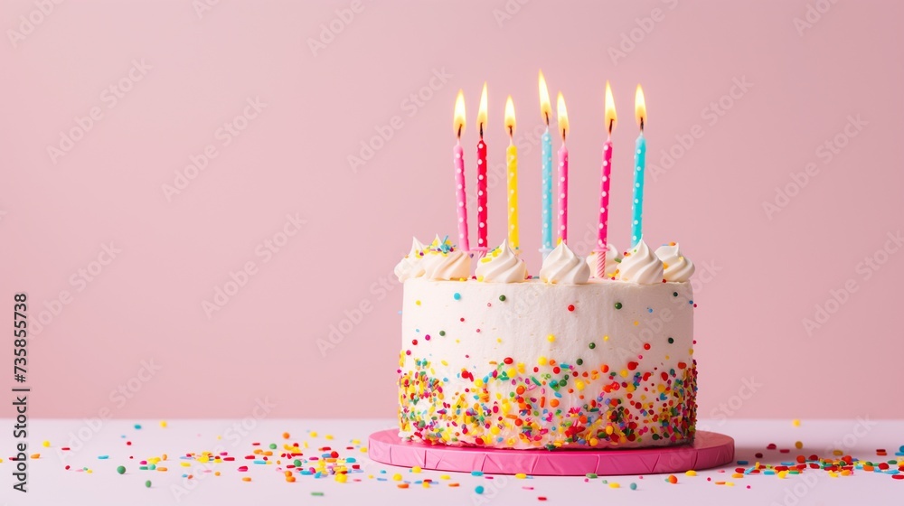 Festive happy birthday banner with a cake with candles on a pink background. Horizontal photo with a cute cake, studio photo, copy space. Festive happy birthday banner with a cake with candles on a pink background. Horizontal photo with a cute cake, studio photo, copy space.