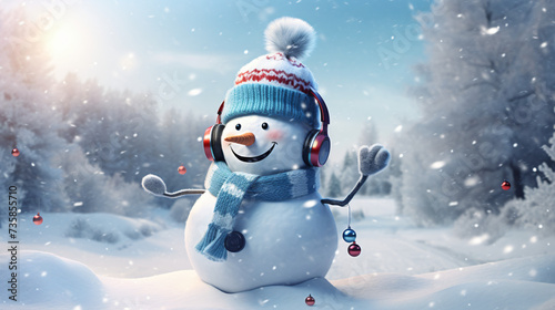 A snowman in musical headphones.