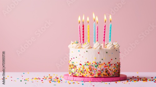 Festive happy birthday banner with a cake with candles on a pink background. Horizontal photo with a cute cake, studio photo, copy space. photo