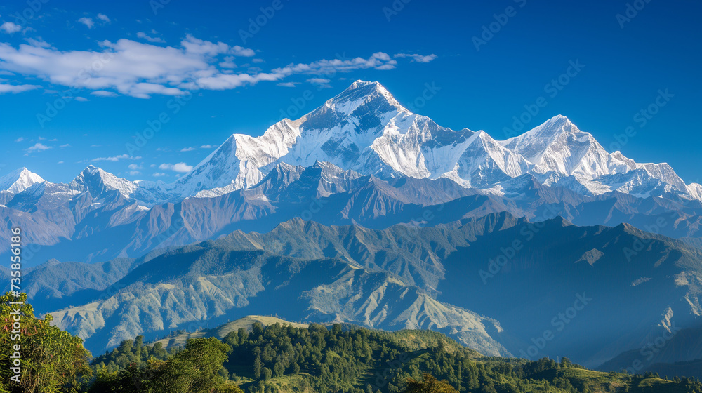 Majestic Peaks: A Grand Mountain Range Beneath a Pristine Blue Sky