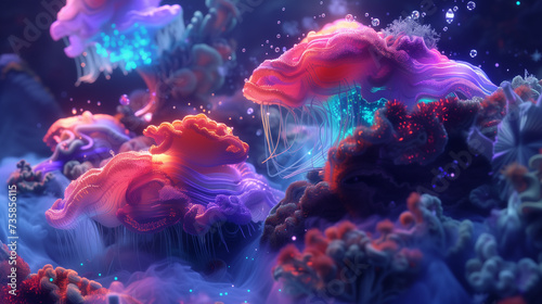 3d illustration of jellyfish in abstract space background. Fantasy colorful jellyfish. © Vitalii