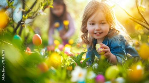 children playing egg hunt on Easter. Child sitting on the grass gathering colorful eggs in basket.