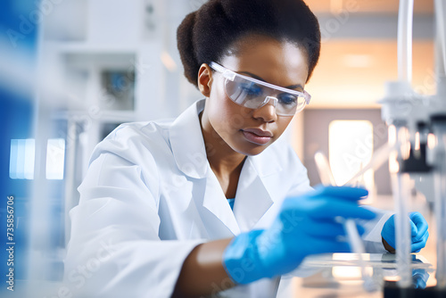 Black female scientist. Research. Science. Investigation for the future. Pharmacy. Medicine. Asian female scientist holding a test tube with a solution in gloves in a research lab.