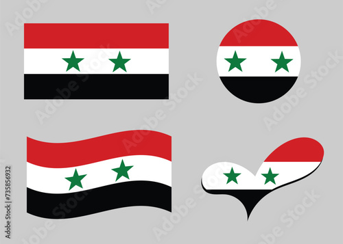 Syrian flag. Syria flag in heart shape. Syria flag in circle shape. Country flag variations.	