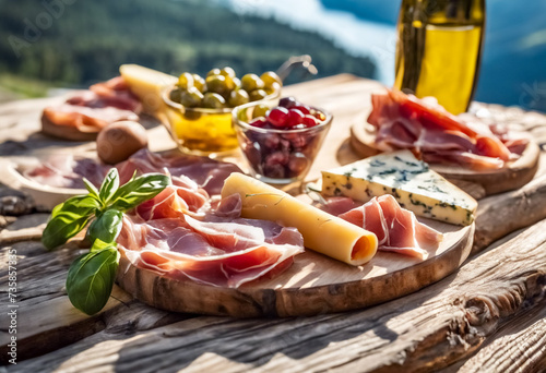 Gustosi Antipasti- Prosciutto e Formaggi sul Tagliere di Legno sul Lago di Montagna