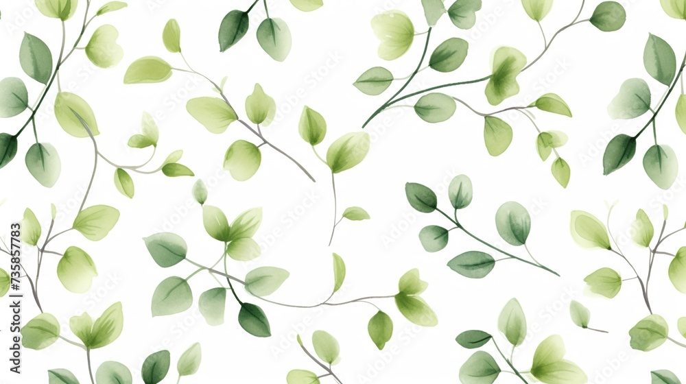 Watercolor green florals ornament seamless pattern on a white background. Green leaves pattern for nature wallpaper, apparel and banner backdrop.