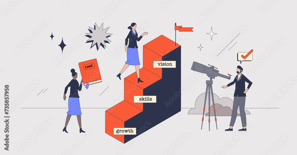 Leadership development and personal skill growth retro tiny person concept. Career progress with growth and clear vision to aim higher vector illustration. Skills improvement and work management. Leadership development and personal skill growth retro tiny person concept. Career progress with growth and clear vision to aim higher vector illustration. Skills improvement and work management.