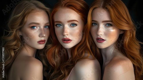 Three red-haired women on a dark background, showcasing beauty and elegance. portrait of female models, perfect for art and fashion purposes. AI