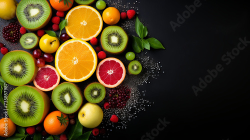 Various colorful citrus fruits and berries on dark background with copy space  top view.  free space for text