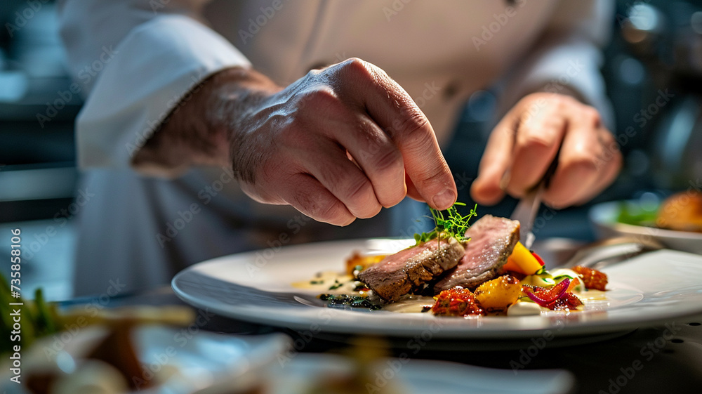 .A photograph of a close-up of a chef's hands expertly preparing a gourmet dish