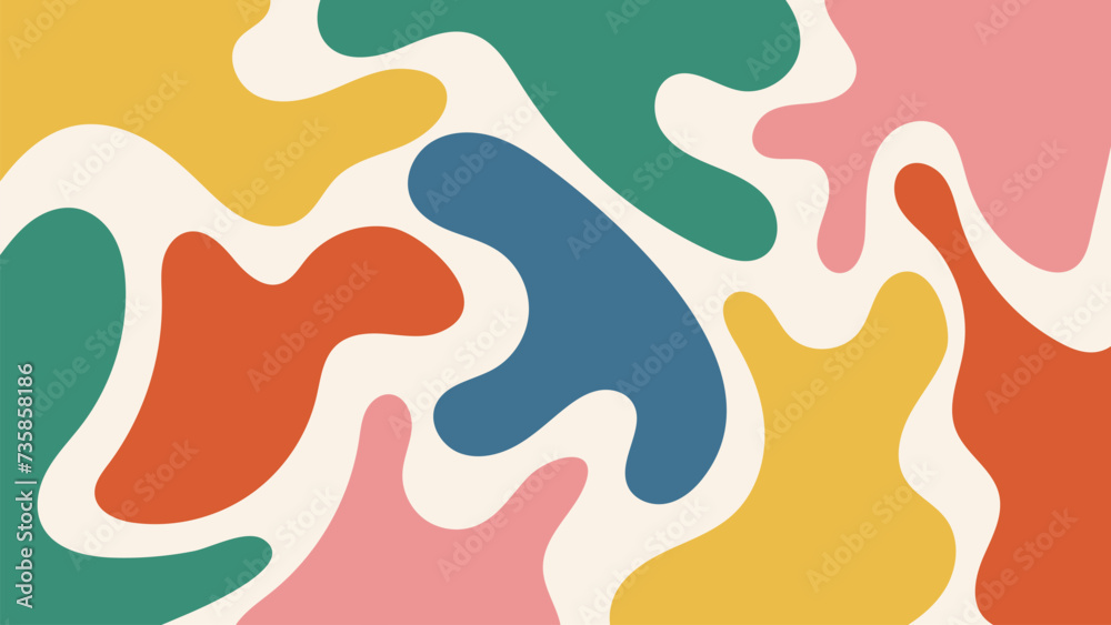 Colorful liquid blobs and organic shapes on beige background. Trendy pattern in doodle style. Minimalist design with basic shapes