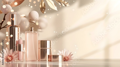 Elegant cosmetic products displayed on soft beige background with floral accents. beauty and skincare essentials in a serene setup. ideal for advertising and high-end branding. AI