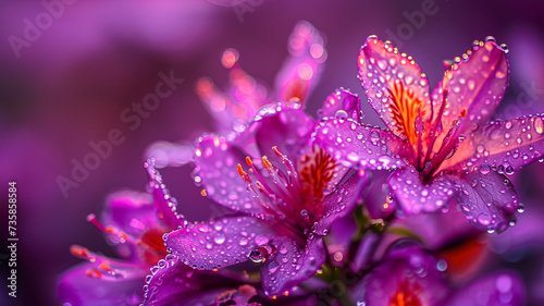 .A photograph of a macro shot of blooming flowers with dewdrops