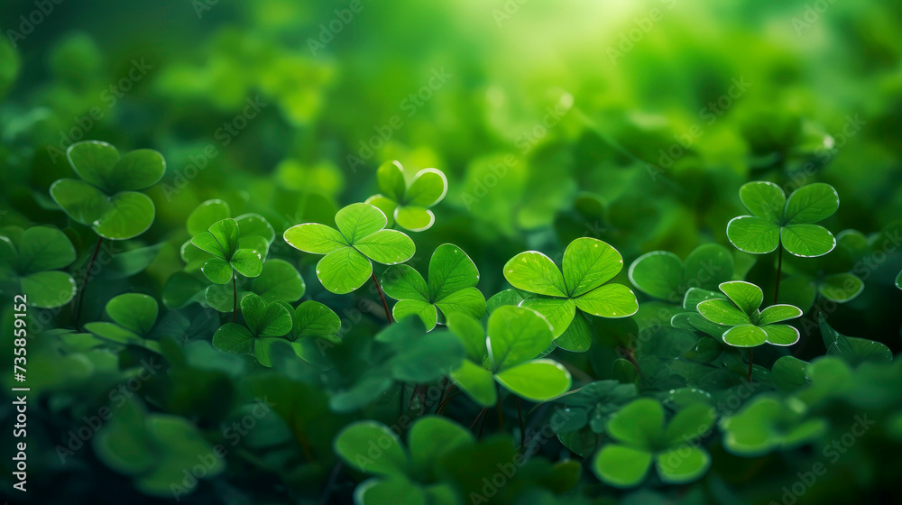 Green clover leaves background with three-leaved shamrocks, Lucky Irish Four Leaf Clover in Field for St. Patrick's Day holiday symbol and bokeh. St. Patrick's day holiday symbol, earth day. Green clover leaves background with three-leaved shamrocks, Lucky Irish Four Leaf Clover in Field for St. Patrick's Day holiday symbol and bokeh. St. Patrick's day holiday symbol, earth day.
