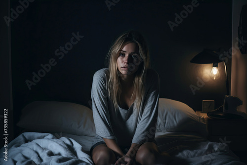Sad sleepless woman sitting at night in her bed, concept of insomnia and anxiety disorder © Kseniya