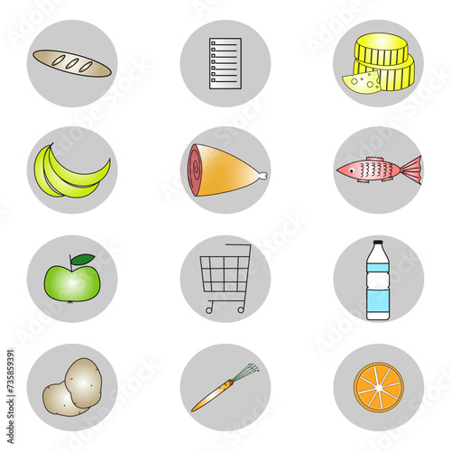 a set of vector color icons for web: fish, cheese, potatoes, meat, bananas,, bread, bottles with drinks, cheese, sausage, check list, tomato, apples, potatoes and carrots, cans, shopping cart, orange
