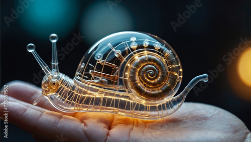 cybernetic transparent snail with lights and electrical terminations and porcelain shell nestled in the palm of a human hand