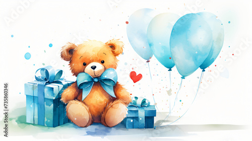 A teddy bear holding a bunch of balloons.