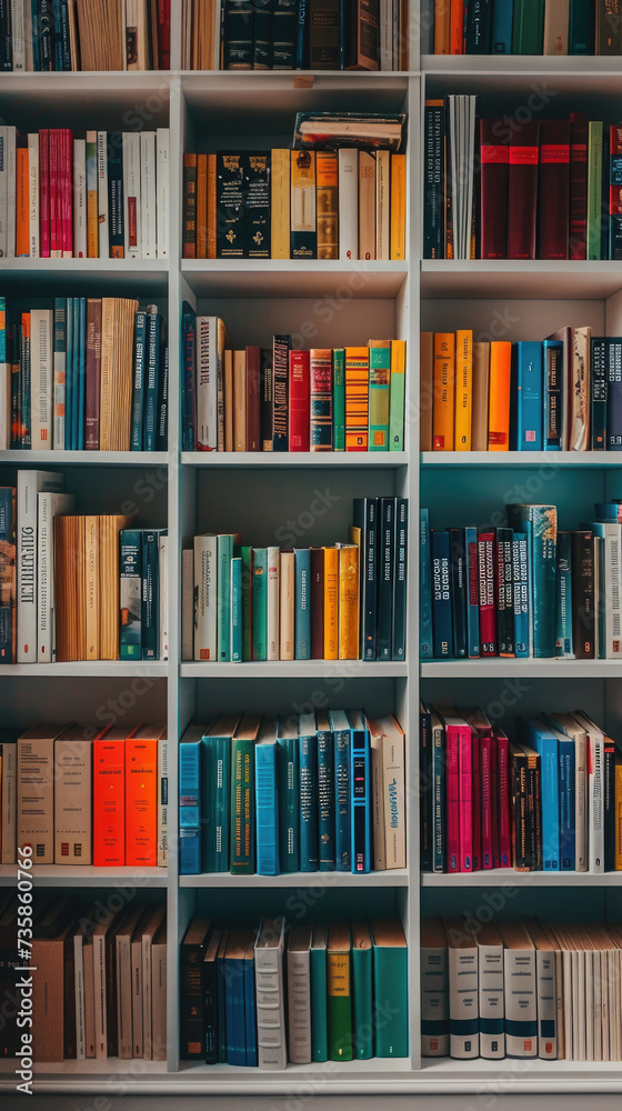 bookcase with colored covers, different books stand on square shelves, vertically bookcase with colored covers, different books stand on square shelves, vertically