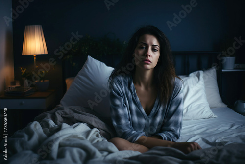 Sad sleepless woman sitting at night in her bed, concept of insomnia and anxiety disorder photo