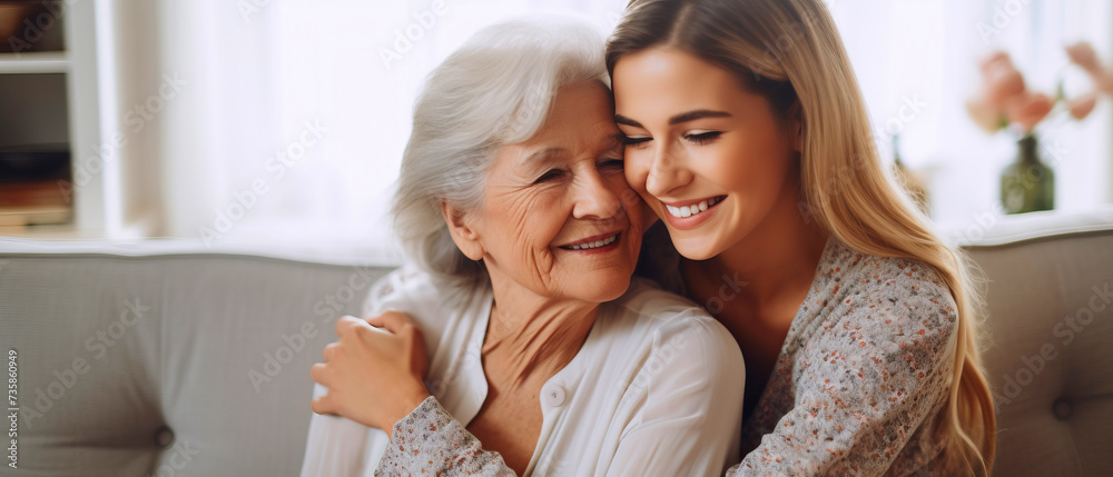 Two generations sharing a happy event on a comfy sofa, smiling and gesturing.