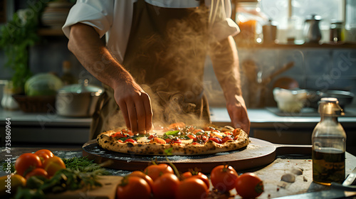 Food concept. Preparing traditional italian pizza. Male chef in white uniform decorate ready dish with green rucola herbs in interior of modern restaurant kitchen. Ready to eat. ai