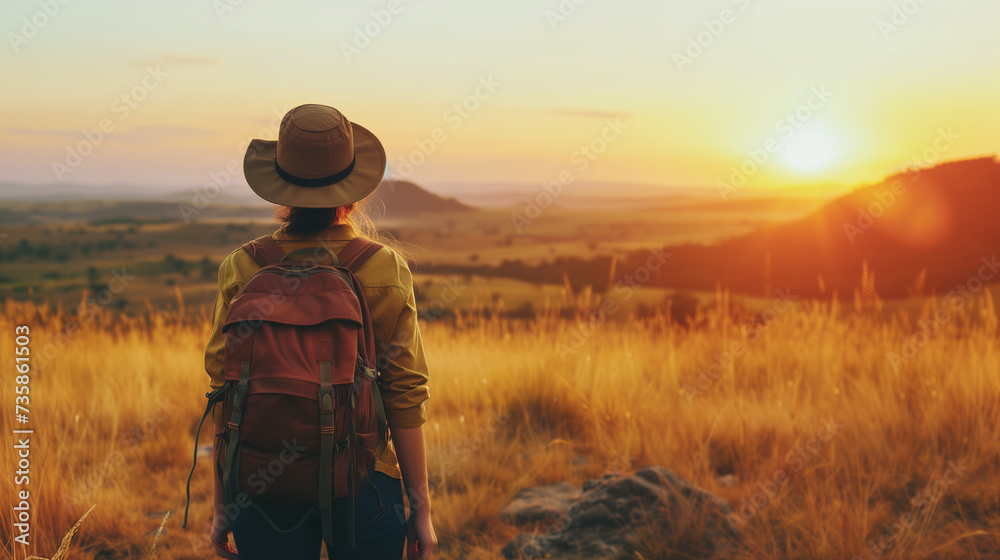 Adventurer facing the setting sun in the wilderness.