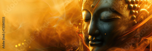 close-up head of an old buddha figurine, waves, smoke, wind, flame, fire, abstract background with bokeh
