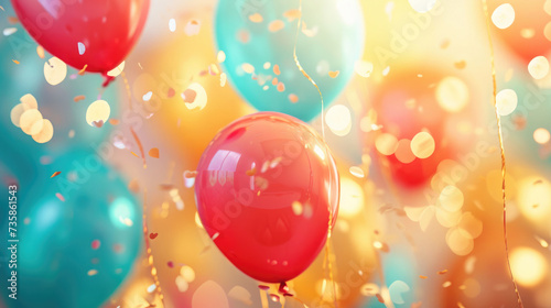 red and blue balloons on a ribbon with confetti and sparkles, on a multi-colored background with bokeh, pre-birthday decor